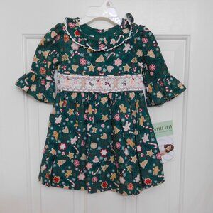 NWT Bonnie Jean Green Christmas Tree Cookie Candy Cane Smocked Dress sz 2t